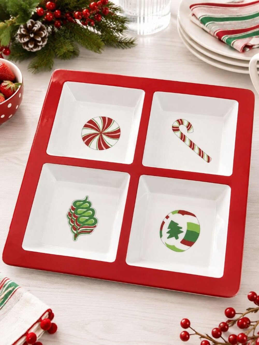 Christmas Holiday 13" Divided Serving Dish Red White Candy Cane Party Platter